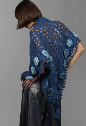 Women's Crochet Shawl Merino Wool Blue