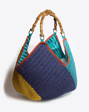 Crocheted Bucket Bag with Bamboo Handles, Mediterranean Fantasy 