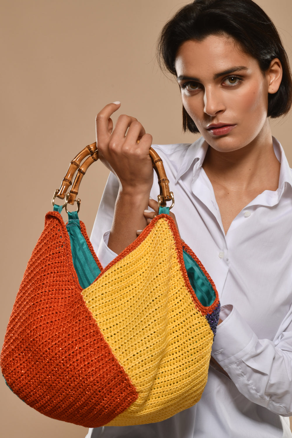 Crocheted Bucket Bag with Bamboo Handles, Mediterranean Fantasy 