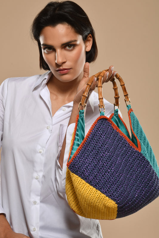 Crocheted Bucket Bag with Bamboo Handles, Mediterranean Fantasy 