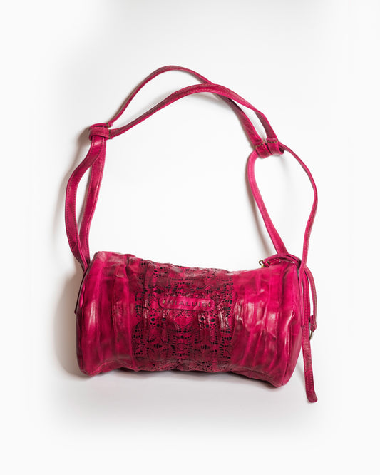 Garnet textured handbag on a white background