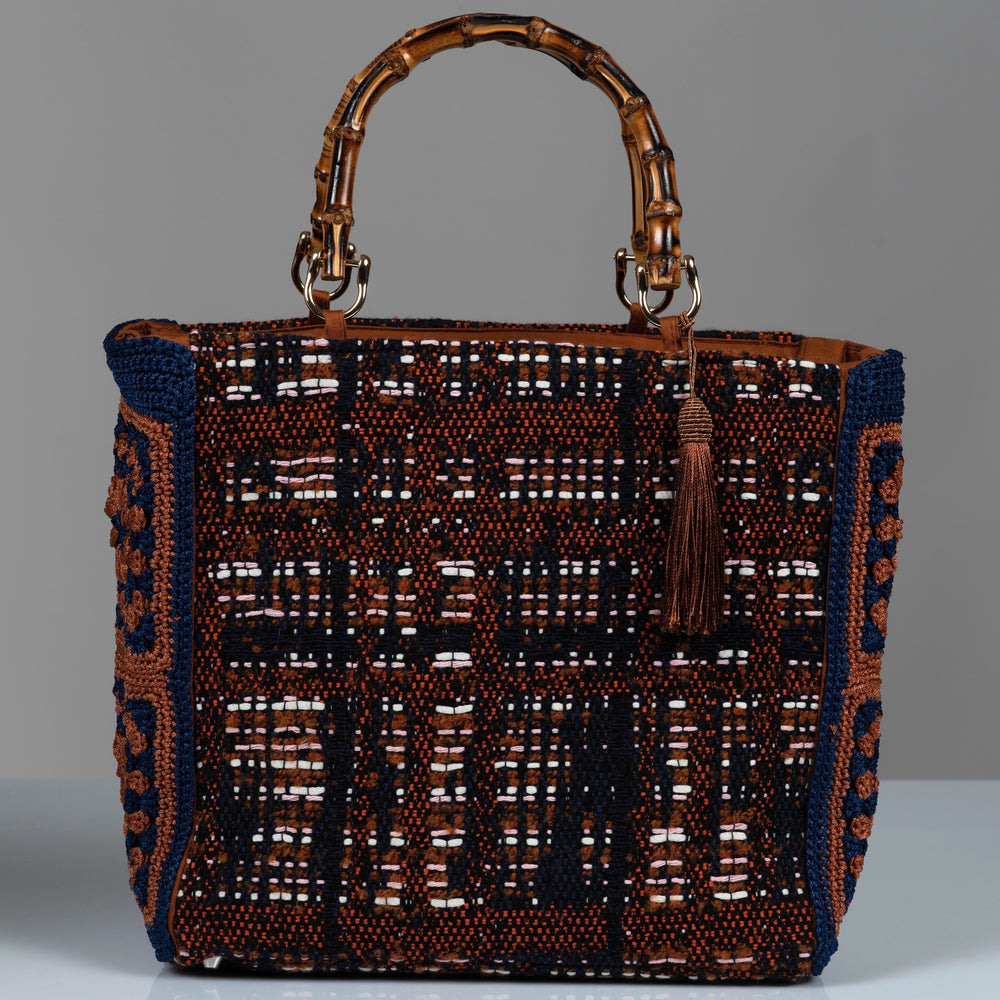 Cotton wool blend handbag , bamboo handles, light brown silk thread tassel and crochet flower side panels. 