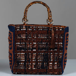 Cotton wool blend handbag , bamboo handles, light brown silk thread tassel and crochet flower side panels. 