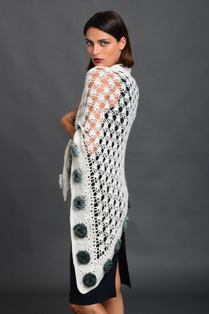 Hand crocheted stole trimmed with sage coloured roses.  