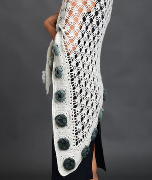 Hand crochet white shawl trimmed with sage green roses.  