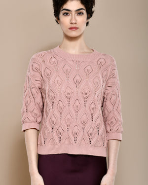Cotton knit sweater in powder pink with three quarter sleeves.  Made in Italy. 