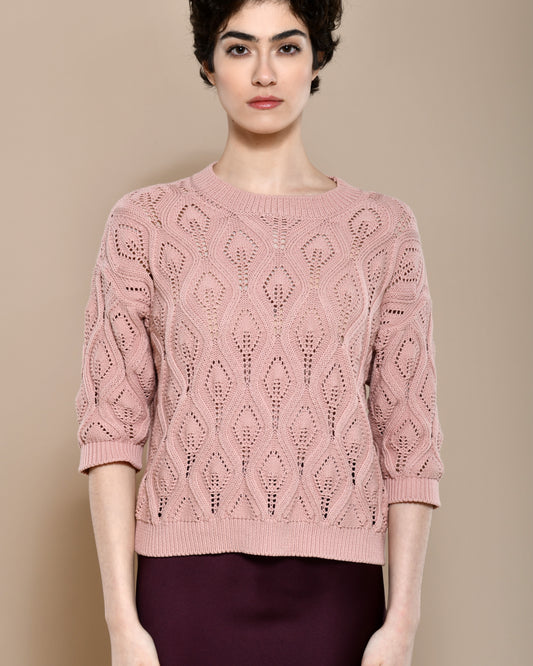 Cotton knit sweater in powder pink with three quarter sleeves.  Made in Italy. 