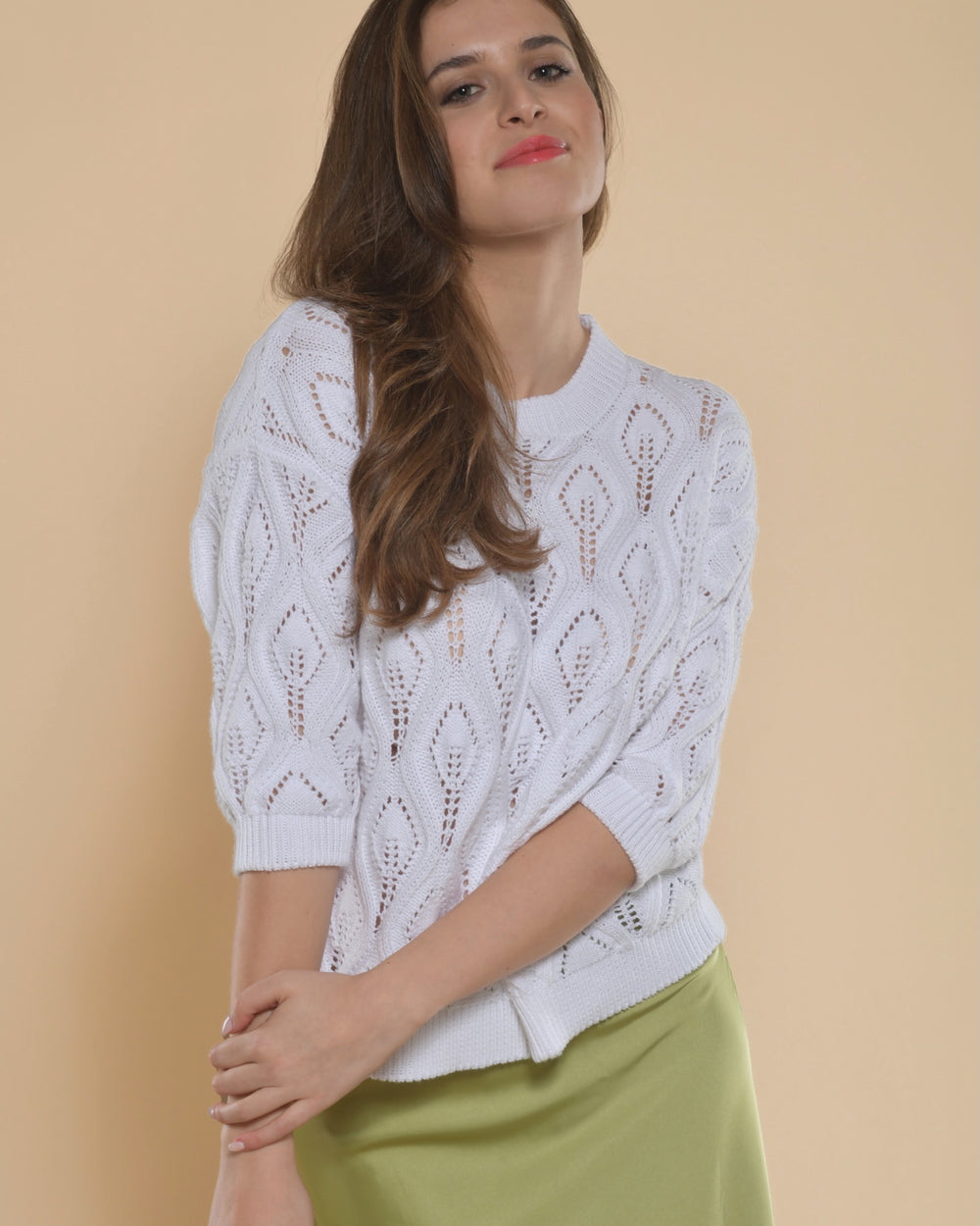 Cotton knit sweater with three quarter sleeves, Made in Italy