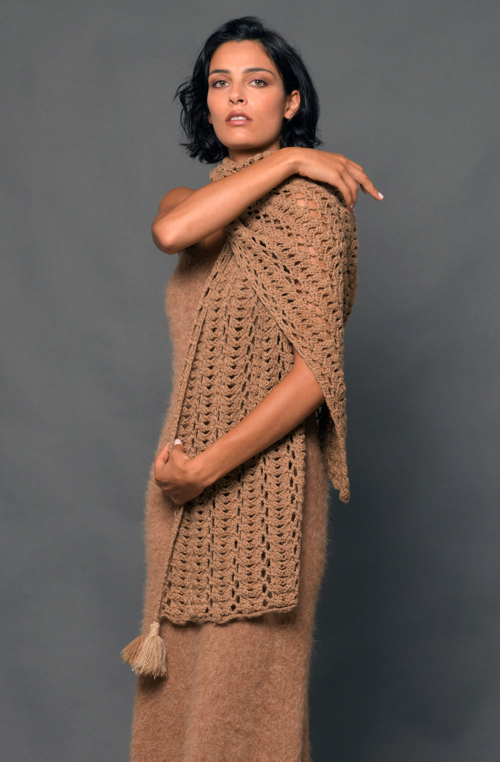 Women's Cashmere Crochet Shawl Caramel
