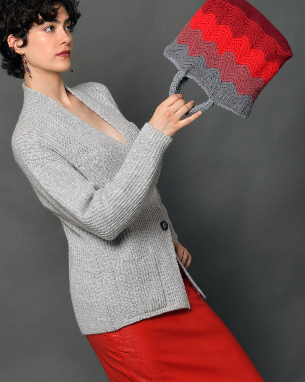 Women's Wool "The Knit Blazer" matched with Crochet Tote Milano Grey Rubino Red.