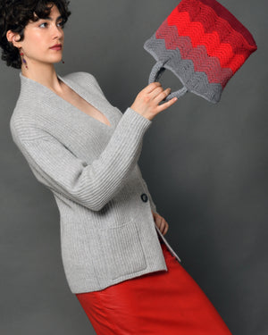 Women's Wool "The Knit Blazer" matched with Crochet Tote Milano Grey Rubino Red.
