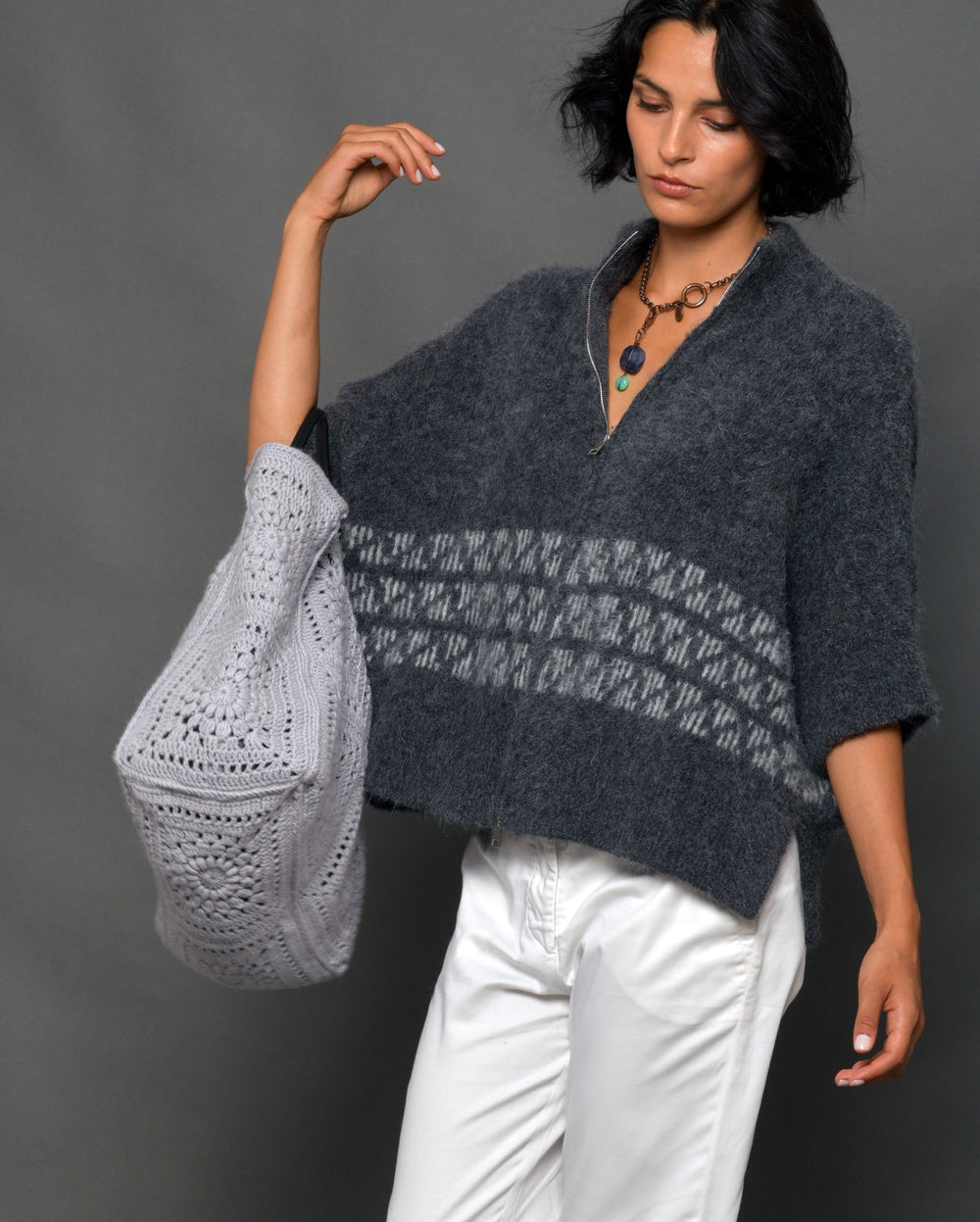 Women's Baby Alpaca Zipper Cape Sweater with Milamo Grey Crochet Tote