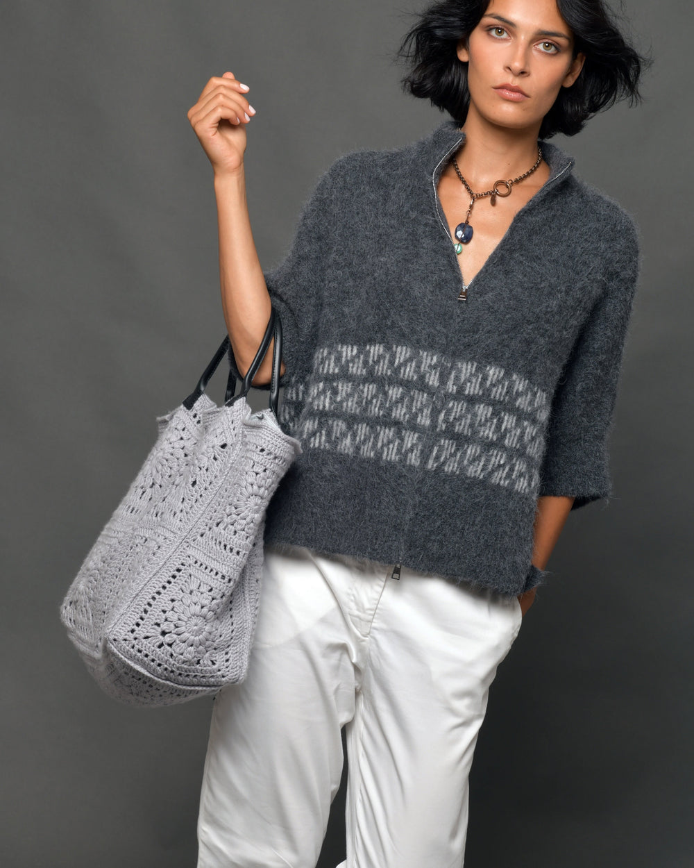 Women's Cashmere Crochet Tote Bag "Milano Grey"