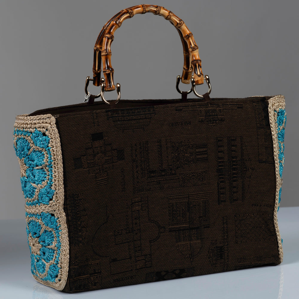 Bag Monument-Motif Cotton, Crochet Flowers Turquoise, Bamboo Handles. 