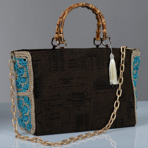 Monument-Motif Cotton Bag, Crochet Flowers, Bamboo Handles, Diamond-Cut Shoulder Chain 