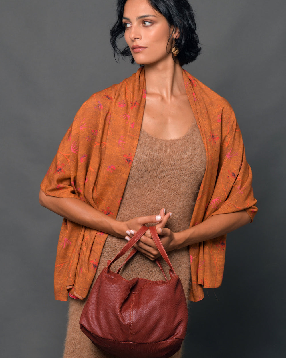 Women's Scarf "Oriental Ramage" Cherry Blossoms Rust