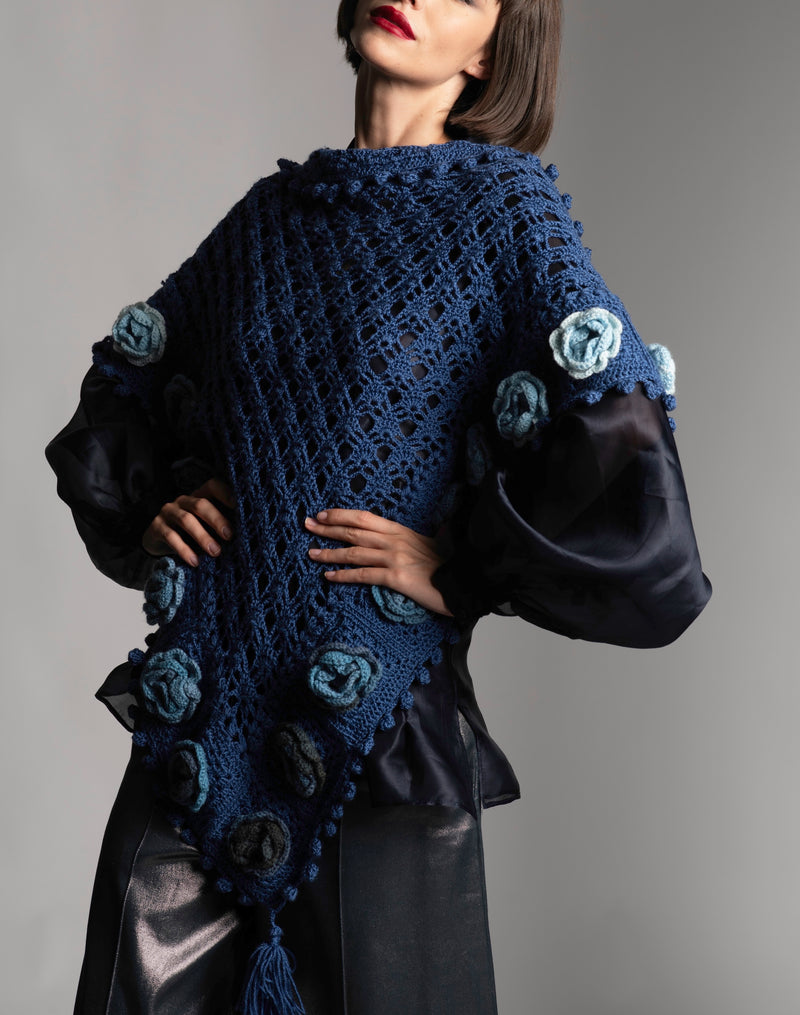 Women's Crochet Shawl Merino Wool Blue