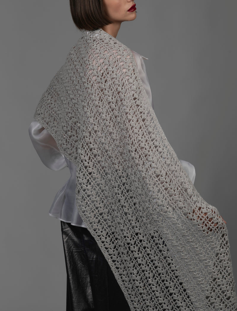 Women's Crochet Sequined Cotton Stole Pearly Grey