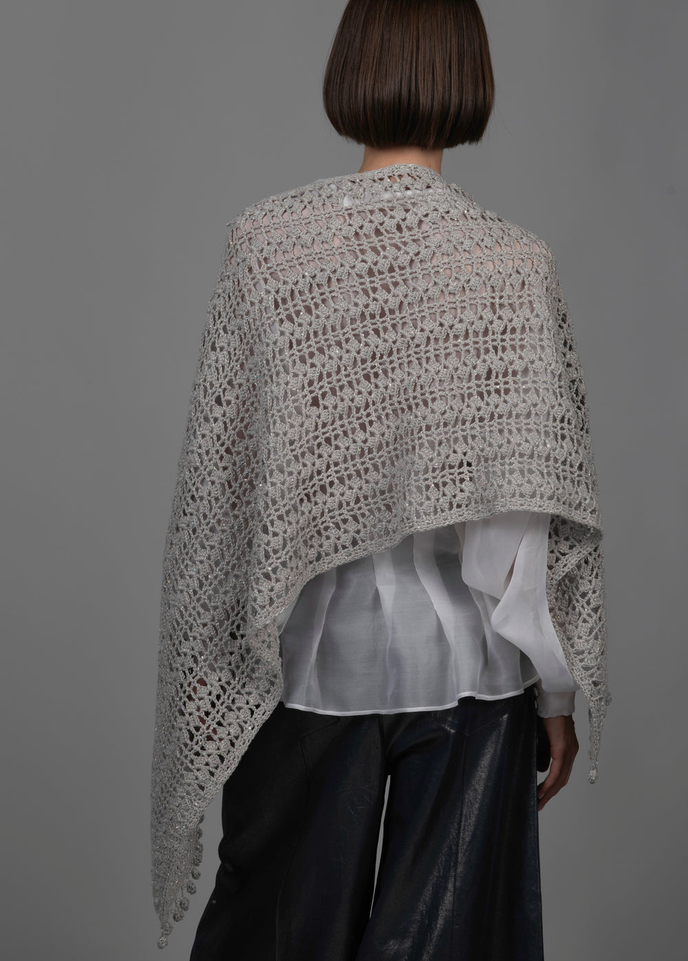 Women's Crochet Sequined Cotton Stole Pearly Grey