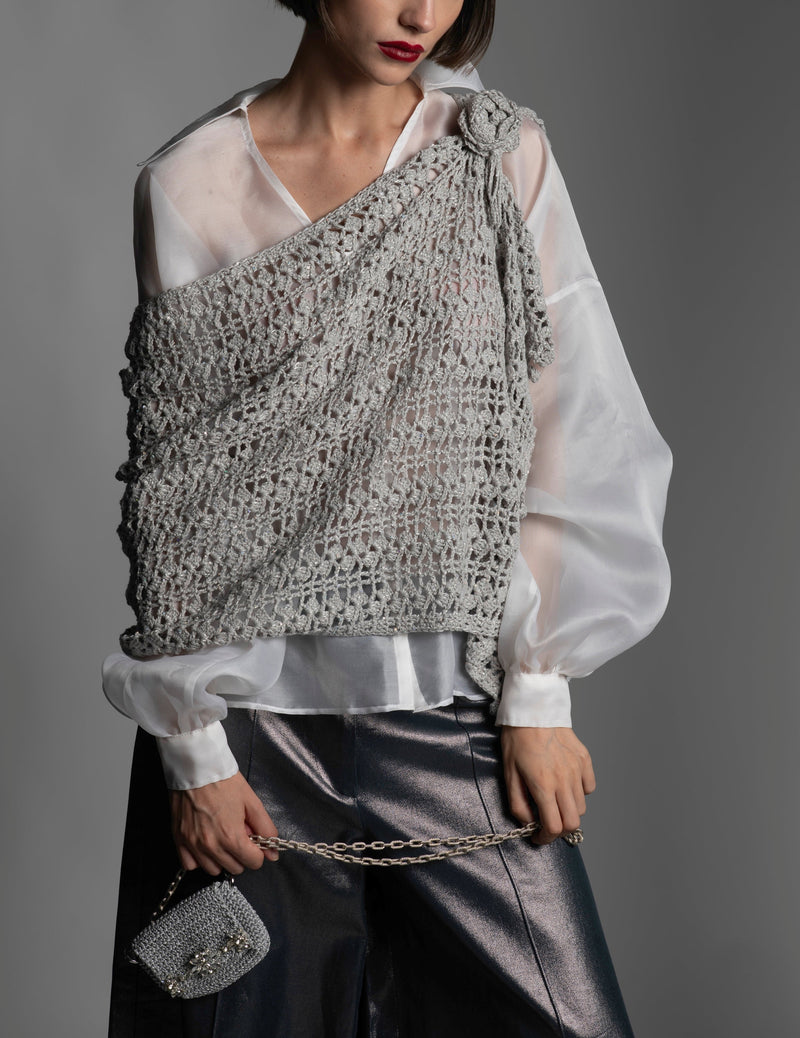 Women's Crochet Sequined Cotton Stole Pearly Grey